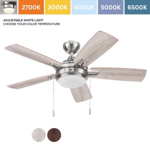 lps sourcing harbor breeze audiss 44-in brushed nickel with driftwood/nutmeg blades led ceiling fan with light and pull chain included 5 -blade - 420014 | lowe's pro supply